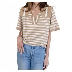 NEW THINGS BETWEEN lany woven striped oversized collar knit top in beige